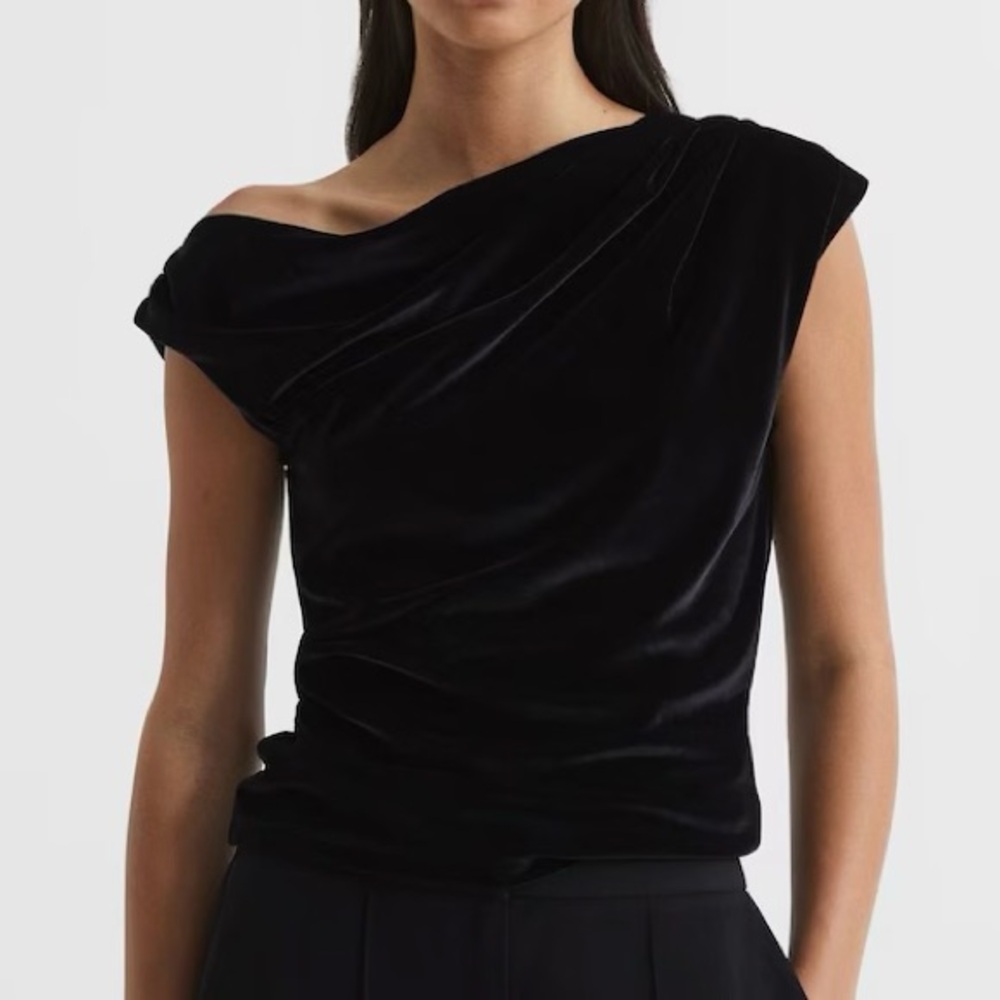 REISS Mia Velvet Short Sleeve Drape Top